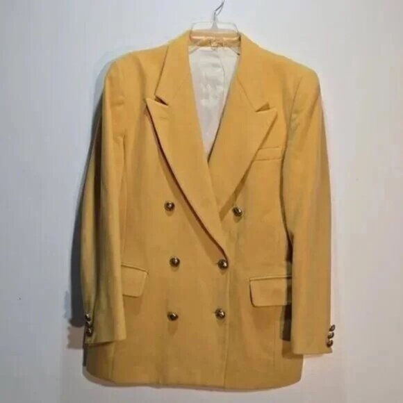 Burberry Wool & Cashmere Mustard Yellow Double-Breasted Blazer. Size 12. - Picture 1 of 14